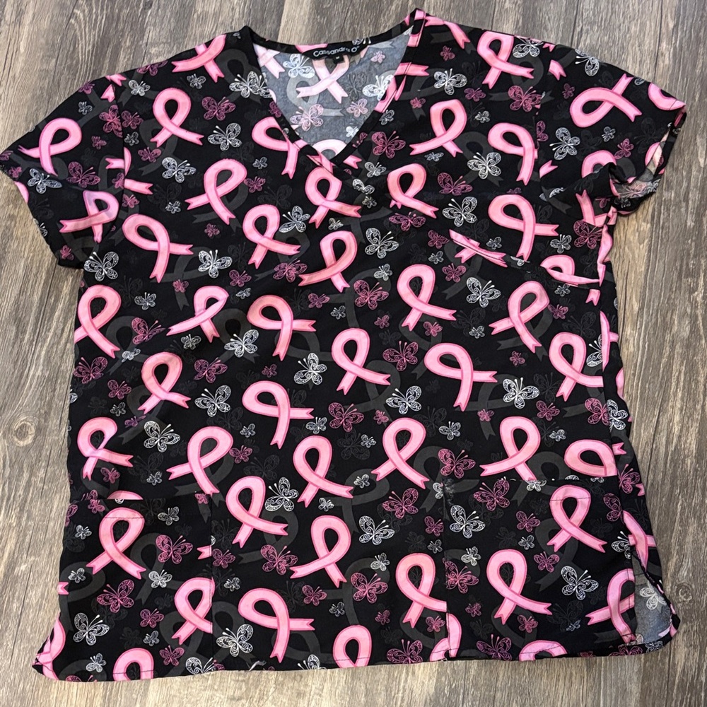 Pink Ribbon Print Women's Short Sleeve Top